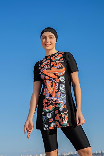 Ruko Maio Women's Short Sleeve Black Swimsuit with Tights – Colorful Ethnic Pattern Front Panel C3T2N2O52-3