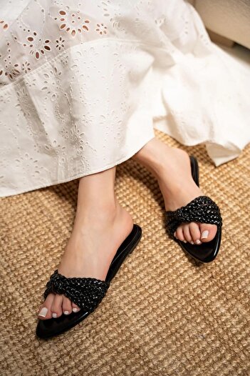 LamintaGlobal Mi̇ri̇m Black Knitted Detail Women's Slippers