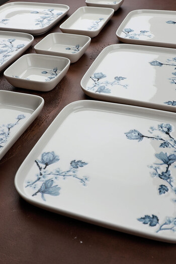 Porselen Diyarı Freesia 14 Piece Square Porcelain Breakfast Set for 6 People Blue White