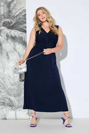 Şans Women's Plus Size Navy Blue, Draped V-Neck, Jersey Sleeveless Long Dress 65N38983