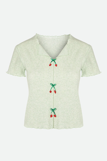 koza iç giyim Women's Cotton 3-Piece Green Bow Camisole Pajama Set