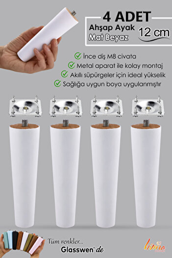 GLASWEN 4 bucăți picioare din lemn 12 cm alb cu dispozitive de fixare cu șuruburi M8 pentru mobilier dulap scaun picior de susținere a canapelei
