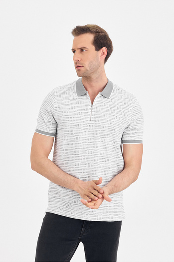 Wellalux Men's Zippered Patterned Polo Neck T-Shirt