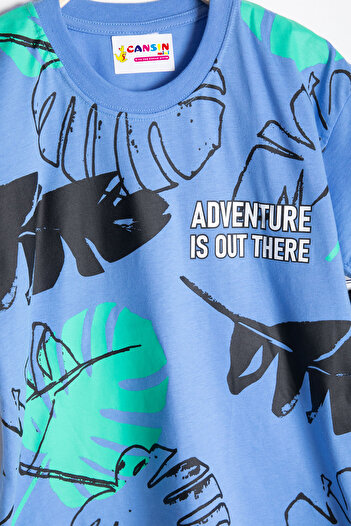 Cansın Mini Blue Leaf Printed Crew Neck Boys 2-Piece Shorts Set 21054