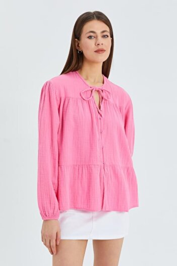 LE CARAMBOLE Women's Pink Collar Tie Sleeve Elastic Loose Shirt