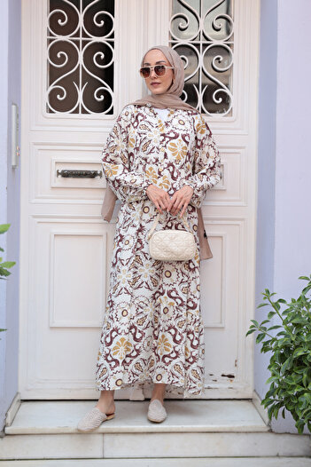 LOCCO Women's Anatolian Breeze Pattern Dress Brown