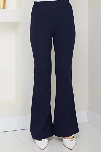 hafsamina Elastic Waist Spanish Leg Fabric Trousers Navy Blue Hm2781