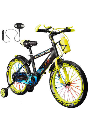 ACTION ONE Children's bicycle 6-8 years old with headlight and horn included, training wheels and water bottle Nova II, 18 inch, green