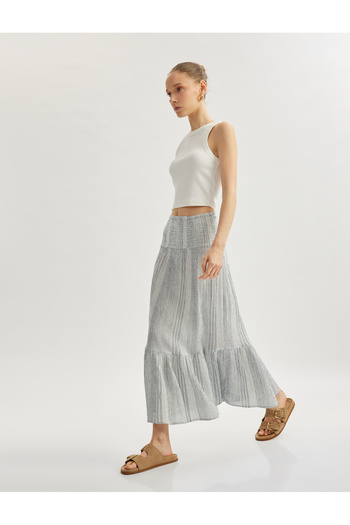 Koton Elastic Waist Layered Flounce A-Line Patterned Midi Skirt