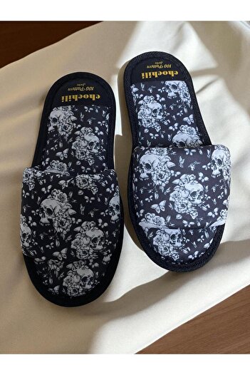 Chochili Papuci de casă unisex cu model de flori de craniu