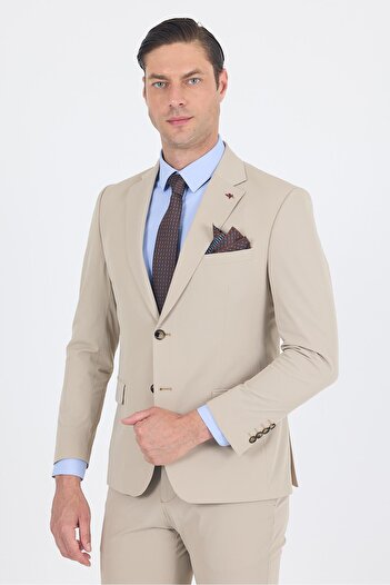 İmza Beige Mono Collar Half Lining 6 Drop Slim Fit Elastic Waist Suit 1001250121