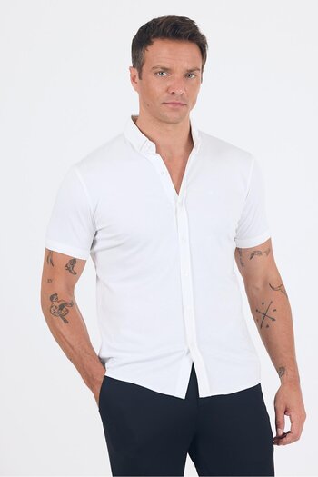 İmza White Italian Button Collar Short Sleeve Pocketless Slim Fit Shirt 1004250255