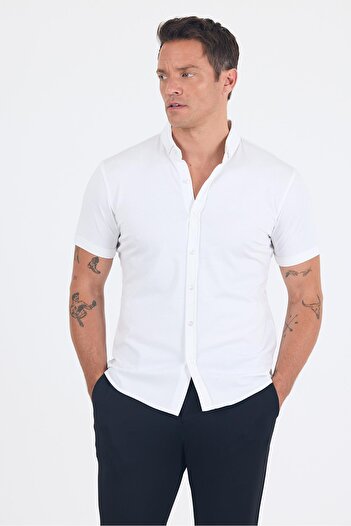 İmza White Italian Button Collar Short Sleeve Pocketless Slim Fit Shirt 1004250255