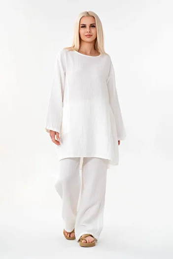Fashion Showcase Muslin Tunic 100% Cotton Pocket Detail Loose Muslin Dress Hijab White