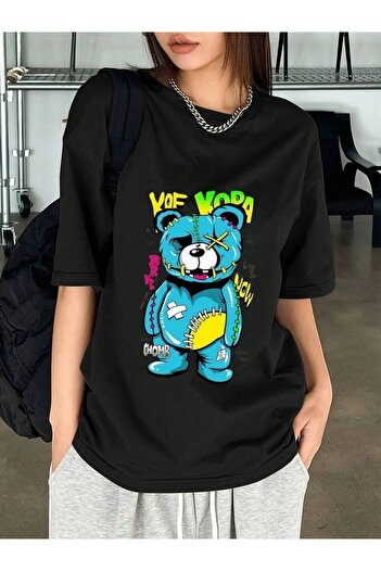 Frisson Cotton Black Oversize Crew Neck Comfortable T-Shirt "Blue Bear" Printed T-Shirt