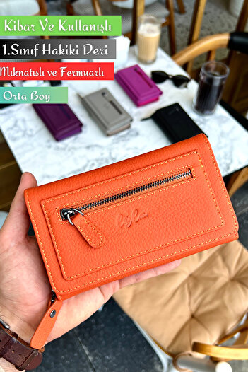 CüzCan Julia Orange Genuine Leather Women's Wallet Medium Size Stylish and Convenient