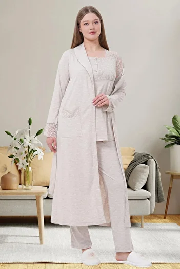 Mecit Pijama Maternity Guipure Detailed Short Sleeve 3-Piece Pajama Set with Morning Dress 75% Cotton 25% Viscose