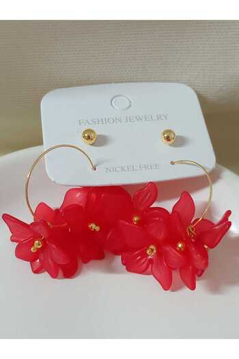 mos&more 4 Pieces Red Flower Gold Hoop Women's Earrings