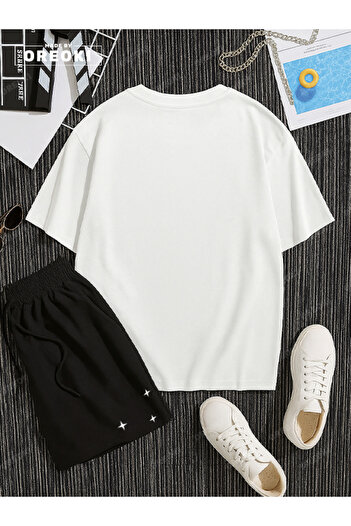 EFFRENATU Jupiter and Little Stars Printed Cotton Unisex White T-Shirt-Black Shorts Set