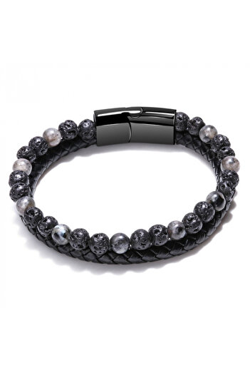 xUPING Double bracelet made of leather and semi-precious stone, magnetic clasp, 19 cm, volcanic roc