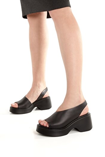 Modabuymus Suma Black Genuine Leather Sandals Asymmetric Wedge Heeled Women's Shoes