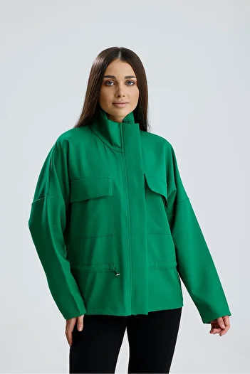 Sense Zipped Top with Pocket at the Top, Stopper at the Waist, Elastic Sleeve Hürrem Jacket Green