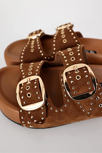 5in1Canpolat Tan Thick Sole Suede Trock Slippers 24201