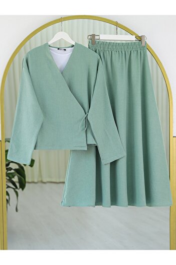 Modamorfo Linen Suit with Side Tie Skirt - Water Green