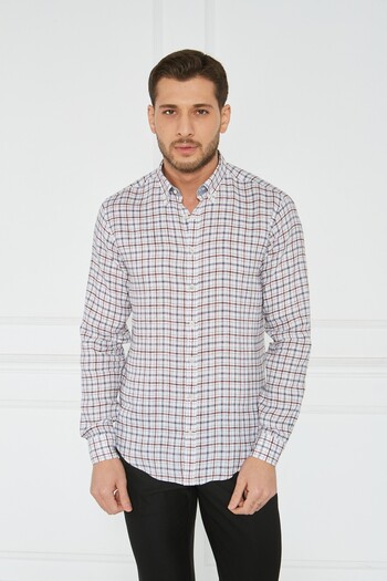 Paşahan Giorgianni Lapel Button Plaid Linen Slim Fit Shirt
