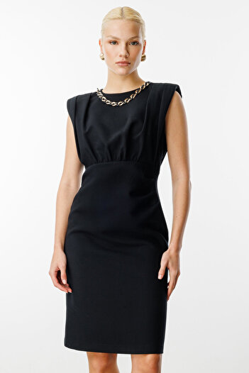 Ekol Midi Length Dress with Chain Accessories on the Collar