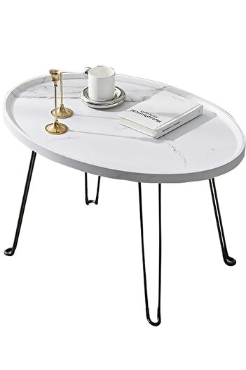 sharpdo Modern Living Room Foldable Storage Oval Coffee Table, White Marble Texture Side Table