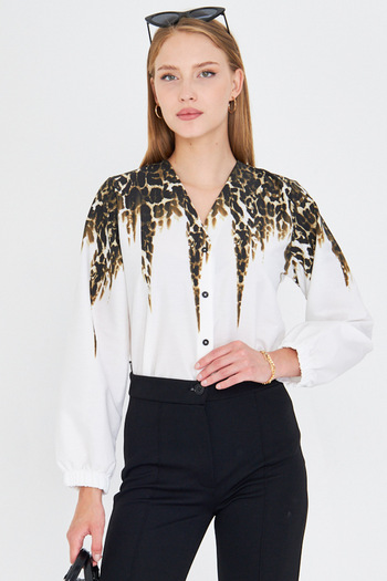 armonika Women's Khaki Patterned Shirt with Elastic Sleeves Arm-25Y001014