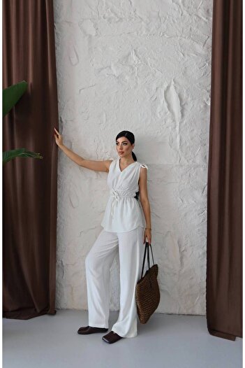 ZF BUTİK Women's Rubber Detailed Blouse Pants Set