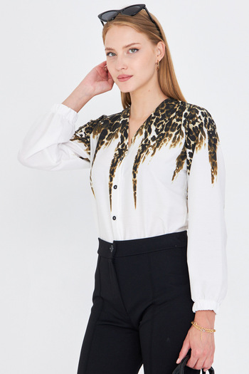 armonika Women's Khaki Patterned Shirt with Elastic Sleeves Arm-25Y001014