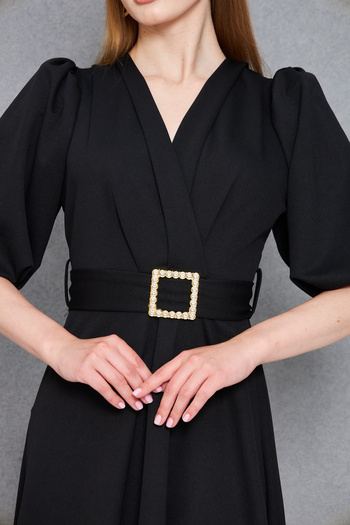 vuvutasarım Women's Crepe Fabric Double Breasted Collar Dress Puff Sleeve and Rhinestone Belt Detail Black Maxi Dress 77124