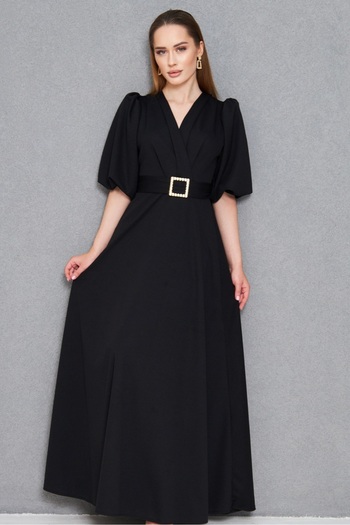 vuvutasarım Women's Crepe Fabric Double Breasted Collar Dress Puff Sleeve and Rhinestone Belt Detail Black Maxi Dress 77124