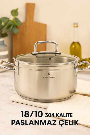 Sofram Yeşiltan Sofram Atlas Series 22 cm Deep Pot – 4 Liters, 18/10 Stainless Steel, Glass Lid