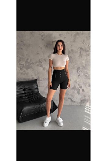 lzv Women's Black High Waist Premium Diver Fabric Buttoned Zipper Detailed Shorts Leggings