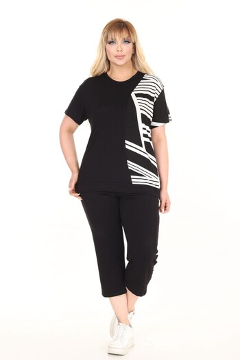 tarzımsüper Women's Plus Size Black Line Detailed Comfort Model Short Sleeve Pocket Capri Suit