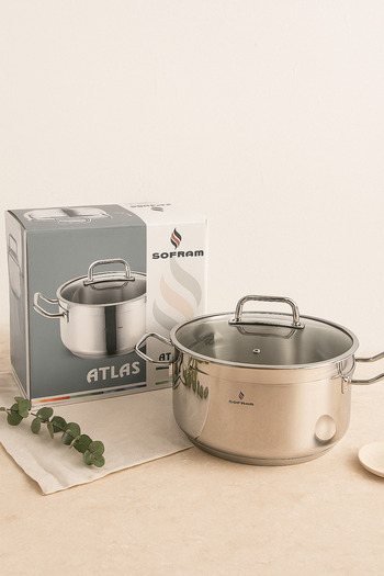 Sofram Yeşiltan Sofram Atlas Series 30 cm Deep Pot – 11.20 Liters, 18/10 Stainless Steel, Glass Lid
