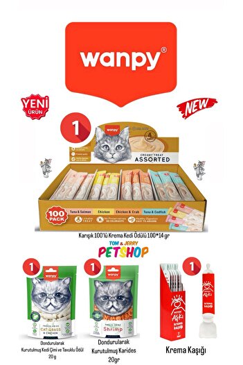 Wanpy Creamy Cat Treat Karışık Krema Kedi Ödül Maması 100 Adet/Krema Kaşık 1/Karides 1/Kedi Çimi Tavuk 1