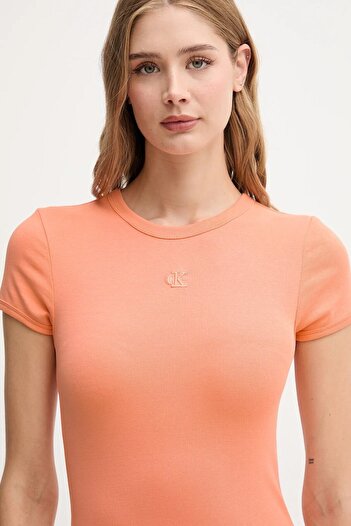 Calvin Klein Kadın Dar Kesim Yuvarlak Yakalı Kısa Kollu CK Logo İşlemeli Mini Turuncu Elbise LV047B266G-VDW