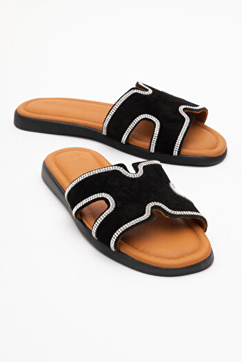 Dericlub Dericlub Women's Stone Banded Slippers Real Suede Leather Zy 8126 Black