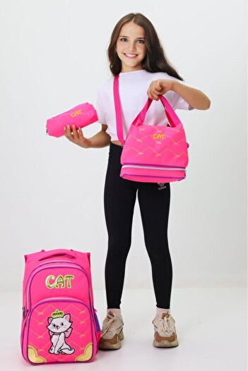Probag Kız Çocuk CAT Temalı 3'li Okul ve Beslenme Çantası Seti – Pembe & Sevimli Kedi Desenli