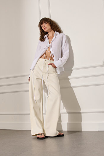 Beyyoglu 100% Linen Shirt with Tie Detail