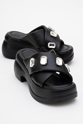 LuviShoes Giev Black Skin Stone Wedge Sole Women's Slippers