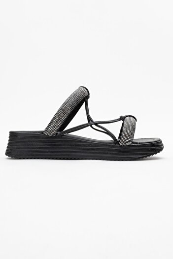 CCWAY AYAKKABI Women's Stone Flat Slippers Black Black