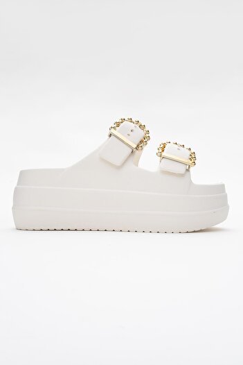 CCWAY AYAKKABI Women's Strappy Buckle Slippers Ekru