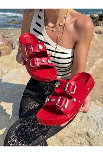 DERİ KABUSU Double Band Buckle Beaded Slippers T-006
