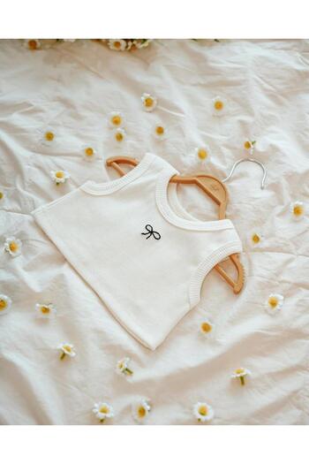 Magu Girl's Cotton Ecru Ribbed Crop Top - Bow Embroidery Detail